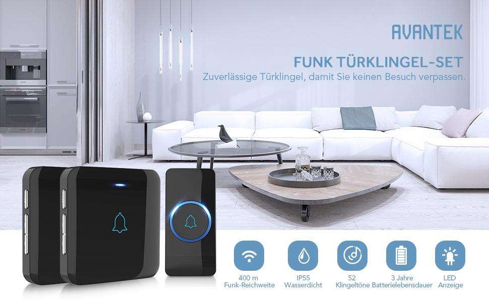 AVANTEK Funkklingel Set mit schwarzer Klingeltaste und zwei Empfängern für die Steckdose – Detail 1