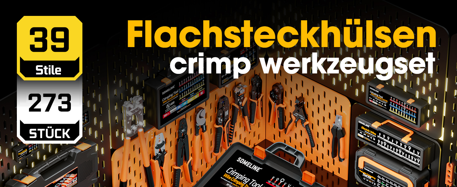 SOMELINE Crimpzange mit Ratsche, Abisolierzange und sortierten Kabelschuhen in der geöffneten Box – Detail 1