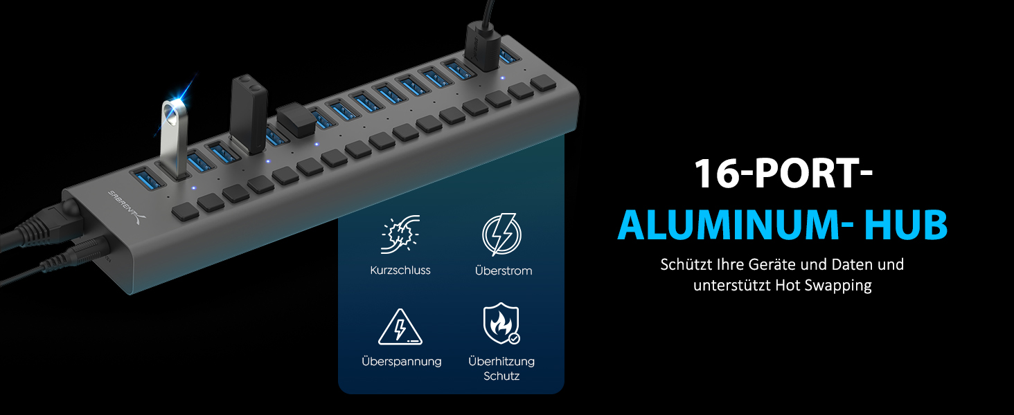 SABRENT HB-PU16 USB-Hub mit 16 Anschlüssen, Einzelschaltern und Aluminiumgehäuse – Detail 1