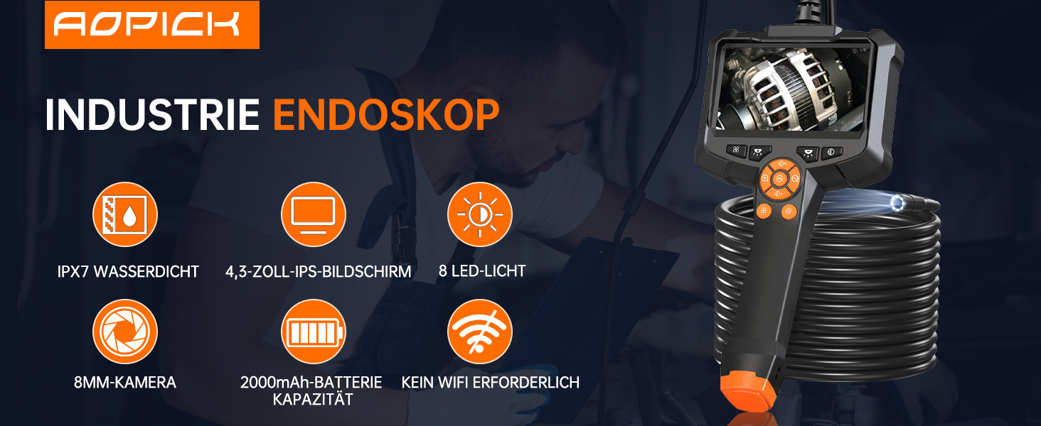 AOPICK Endoskopkamera mit 4,3-Zoll-Display, 8-mm-Kamerakopf und halbstarrem Kabel – Detail 1