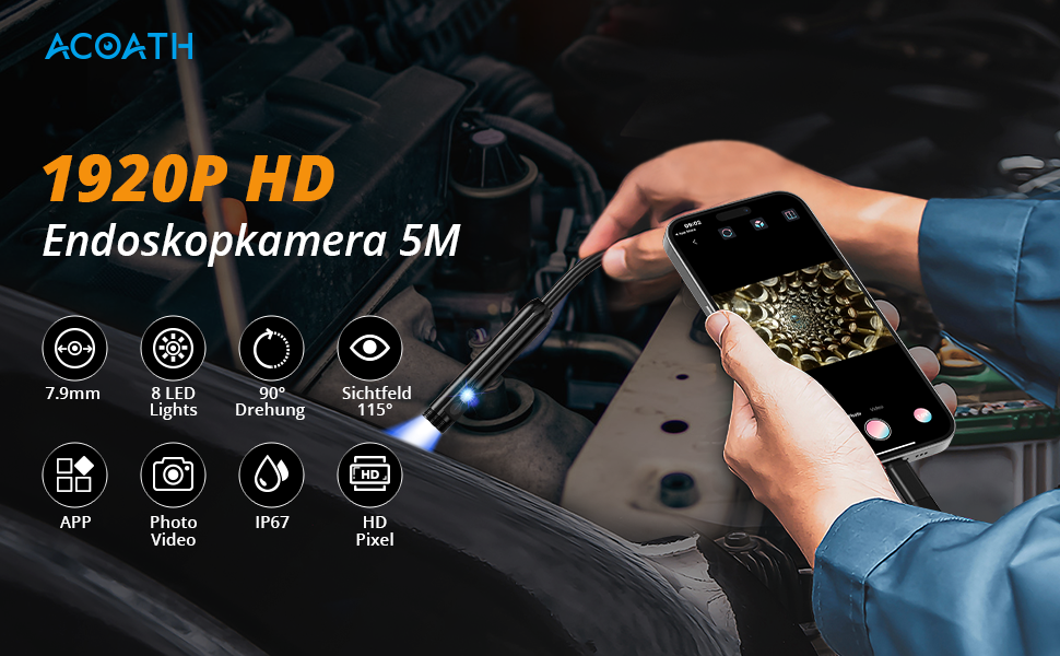 Acoath Endoskopkamera mit 7,9 mm Sonde, acht LEDs und 5 Meter halbstarrem Kabel – Detail 1