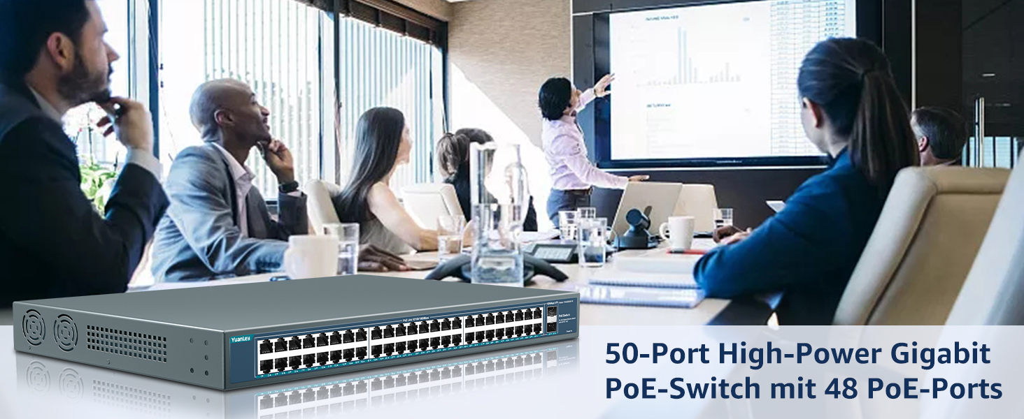 YuanLey 48-Port Gigabit-PoE-Switch mit 800 W Budget und zwei SFP-Uplinks im 19-Zoll-Metallgehäuse – Detail 1