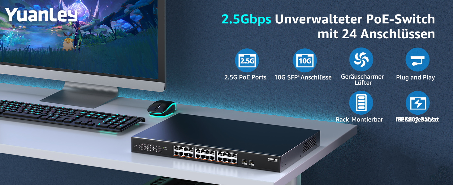 YuanLey 26-Port PoE-Switch mit 24 Ports zu 2,5 Gbit/s und zwei 10-Gigabit-SFP+-Steckplätzen – Detail 1