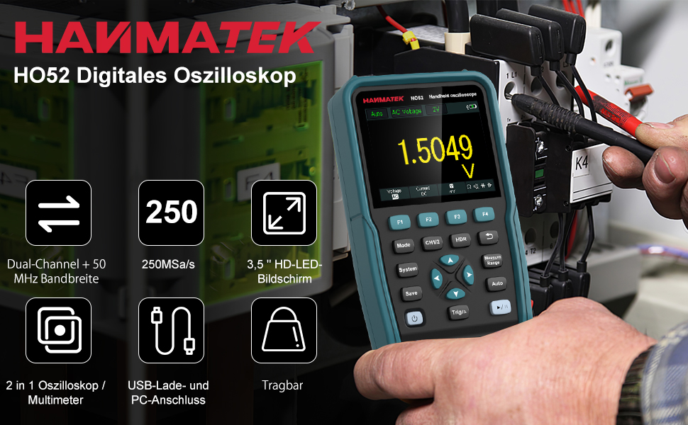 HANMATEK HO52 Handoszilloskop mit 50 MHz, zwei Kanälen und 3,5-Zoll-Display – Detail 1
