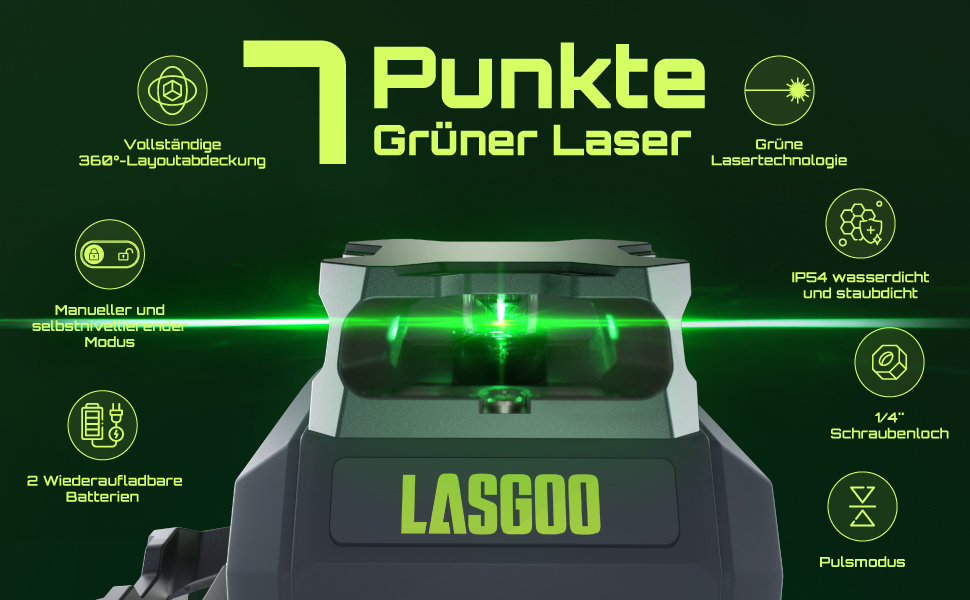 LasGoo LG-3D Linienlaser mit drei 360-Grad-Ebenen in grünem Strahl – Detail 1