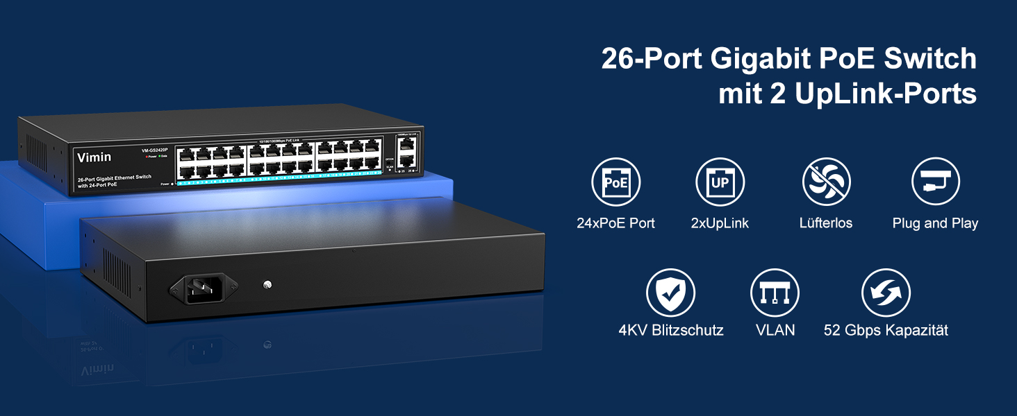 VIMIN 24-Port PoE-Switch mit 320 W Budget im Metallgehäuse für Rackmontage – Detail 1