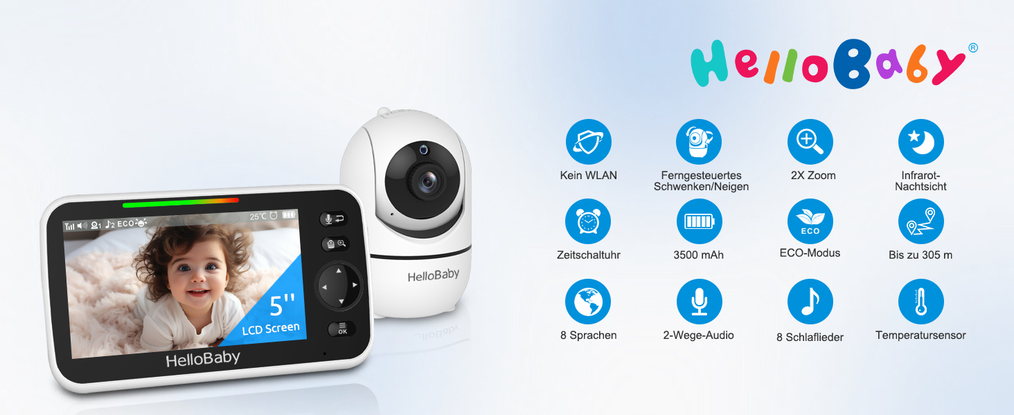 HelloBaby HB6550 Babyphone mit 5-Zoll-Monitor und schwenkbarer Kamera mit Infrarot-Nachtsicht – Detail 2