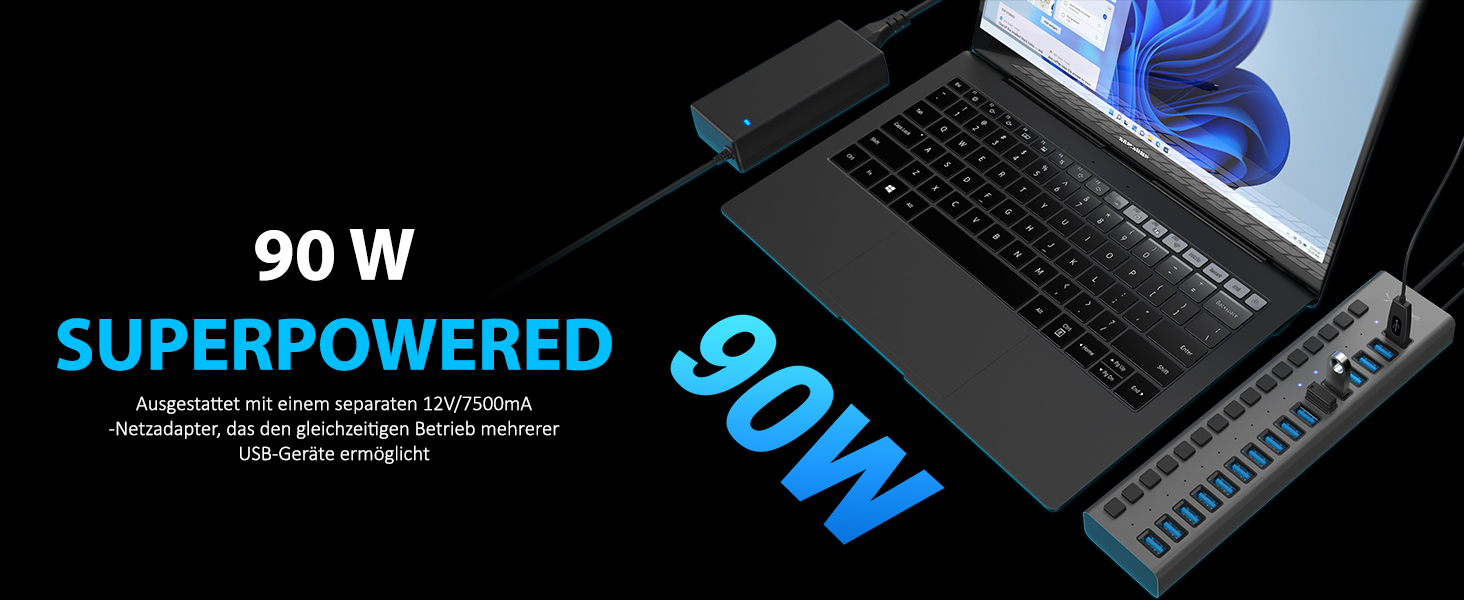 SABRENT HB-PU16 USB-Hub mit 16 Anschlüssen, Einzelschaltern und Aluminiumgehäuse – Detail 2