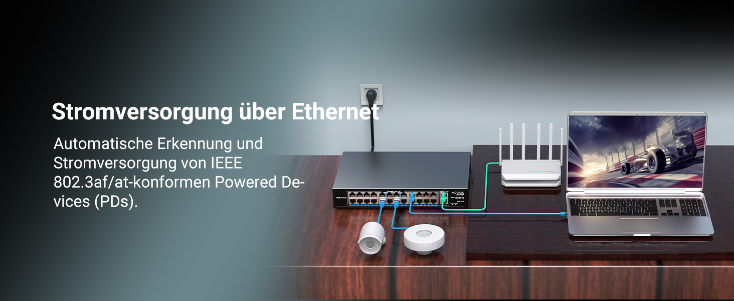Schwarzer 19-Zoll-PoE-Switch NICGIGA FS2420GP mit 24 PoE-Ports und zwei Uplink-Ports an der Frontseite. – Detail 2