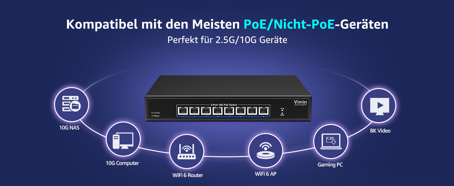 Schwarzer VIMIN 10-Gigabit-PoE-Switch mit acht RJ45-Ports im Metallgehäuse, Frontansicht. – Detail 2