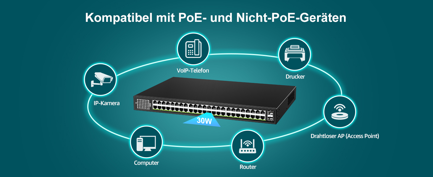 Schwarzer 19-Zoll-PoE-Switch VIMIN VM-GS4802P mit 48 Gigabit-Ports und zwei SFP-Uplinks an der Frontseite. – Detail 2
