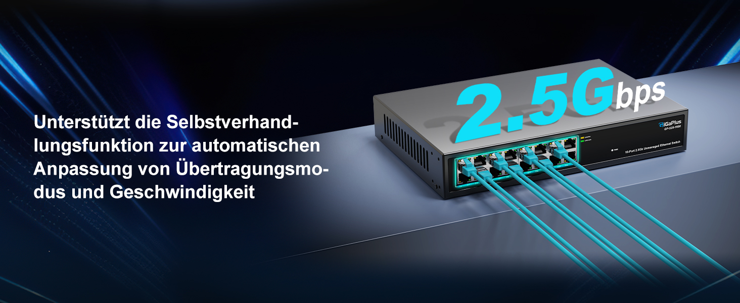 GiGaPlus S25-1600 Netzwerk-Switch im schwarzen Metallgehäuse mit 16 RJ45-Anschlüssen in einer Reihe an der Frontseite. – Detail 2