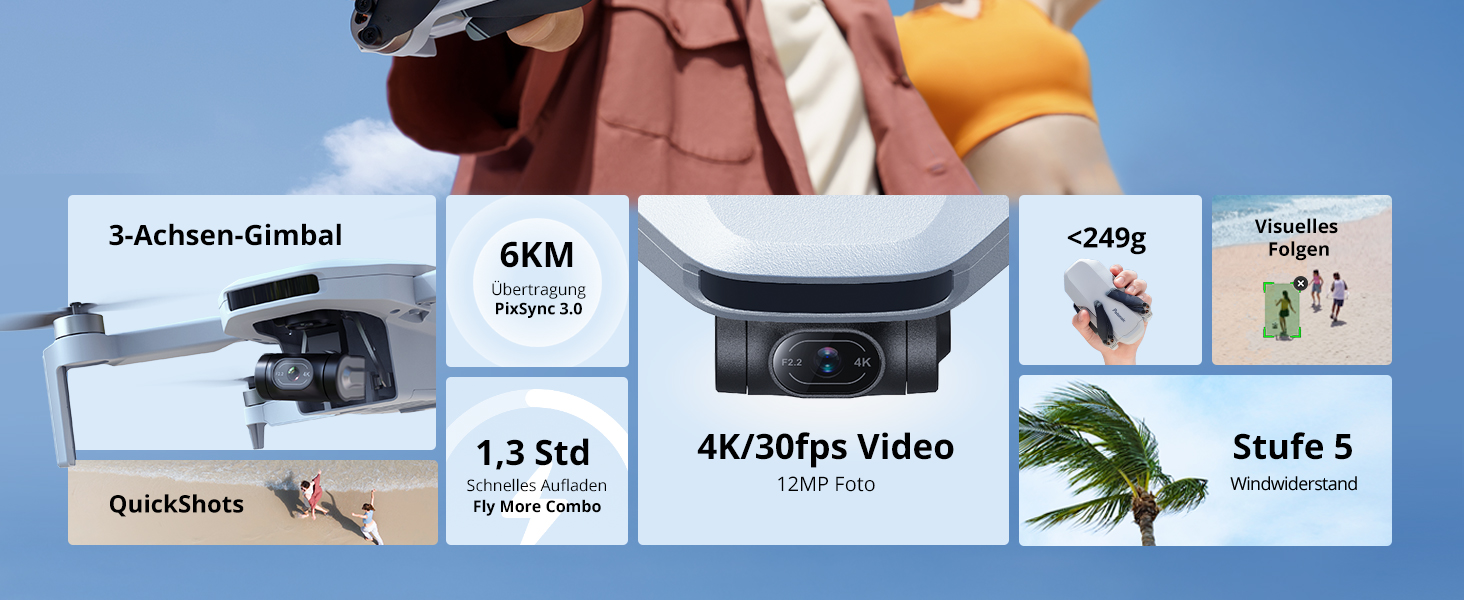 Potensic ATOM Kameradrohne in Hellgrau mit bürstenlosem 3-Achsen-Gimbal unter der Front. – Detail 2
