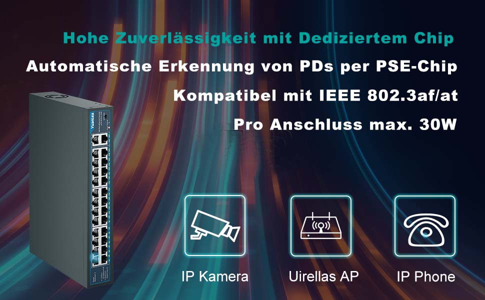 YuanLey 26 Port PoE-Switch im Metallgehäuse mit 24 PoE-Ports und zwei Gigabit-Uplinks auf der Frontseite. – Detail 2
