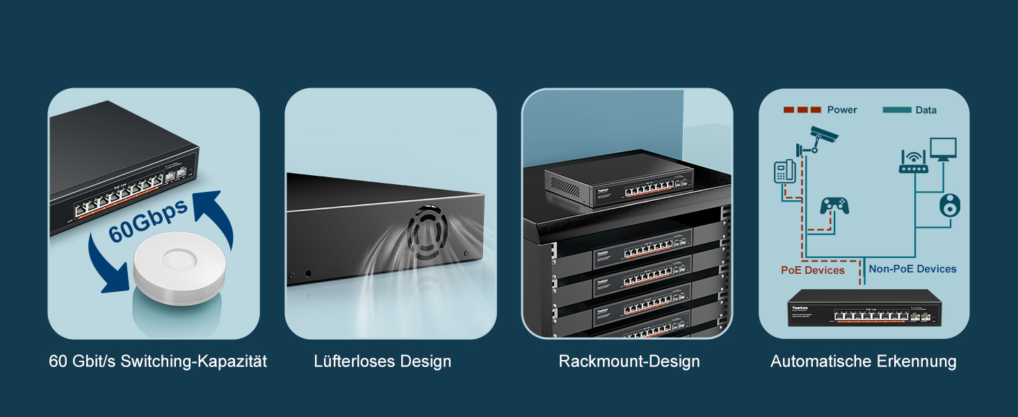 YuanLey 10 Port 2.5G PoE-Switch im schwarzen Metallgehäuse mit acht RJ45-PoE-Ports und zwei SFP+-Plätzen. – Detail 2