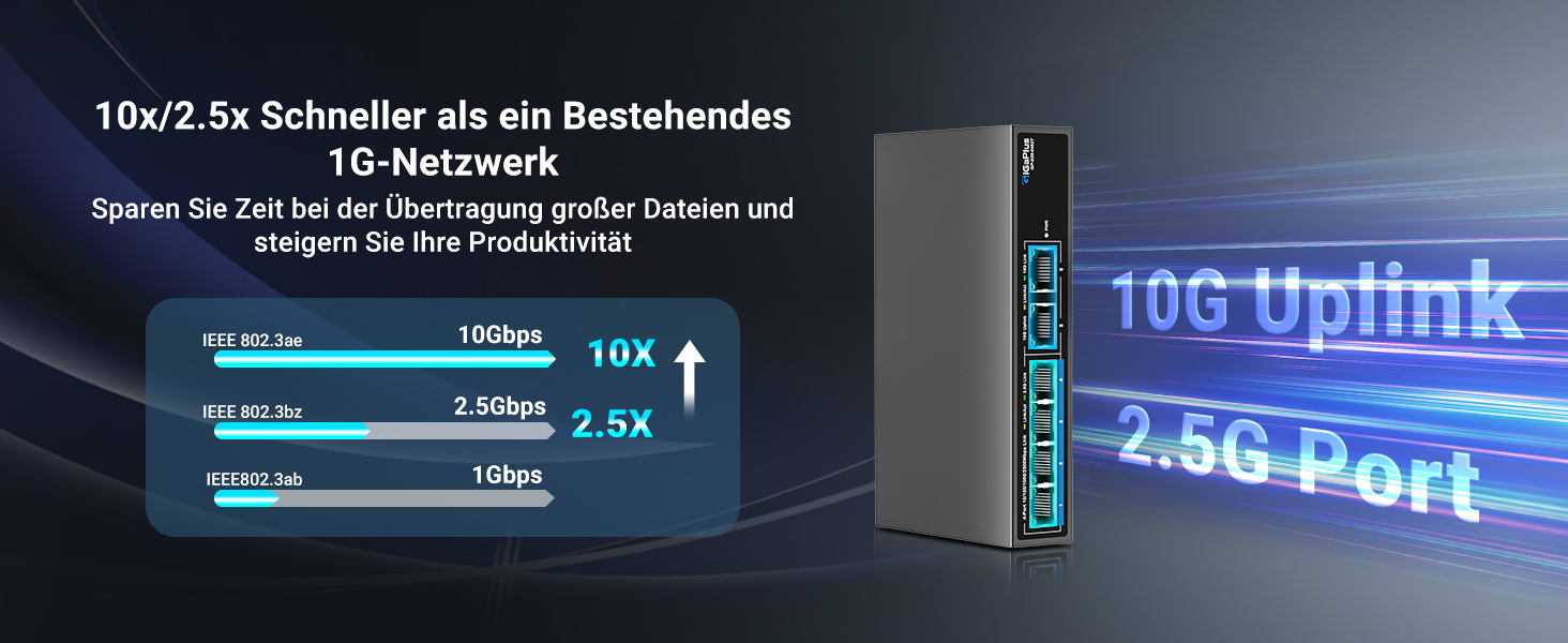 GiGaPlus S25-0402T Netzwerk-Switch im schwarzen Metallgehäuse mit vier 2.5G-Ports und zwei 10G-RJ45-Uplinks. – Detail 2