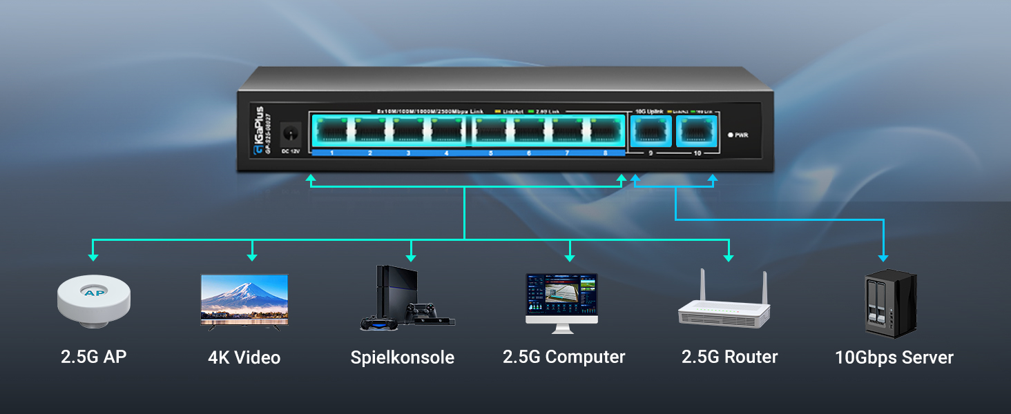 GiGaPlus S25-0802T Netzwerk-Switch im schwarzen Metallgehäuse mit acht 2.5G-Ports und zwei 10G-RJ45-Uplinks. – Detail 2