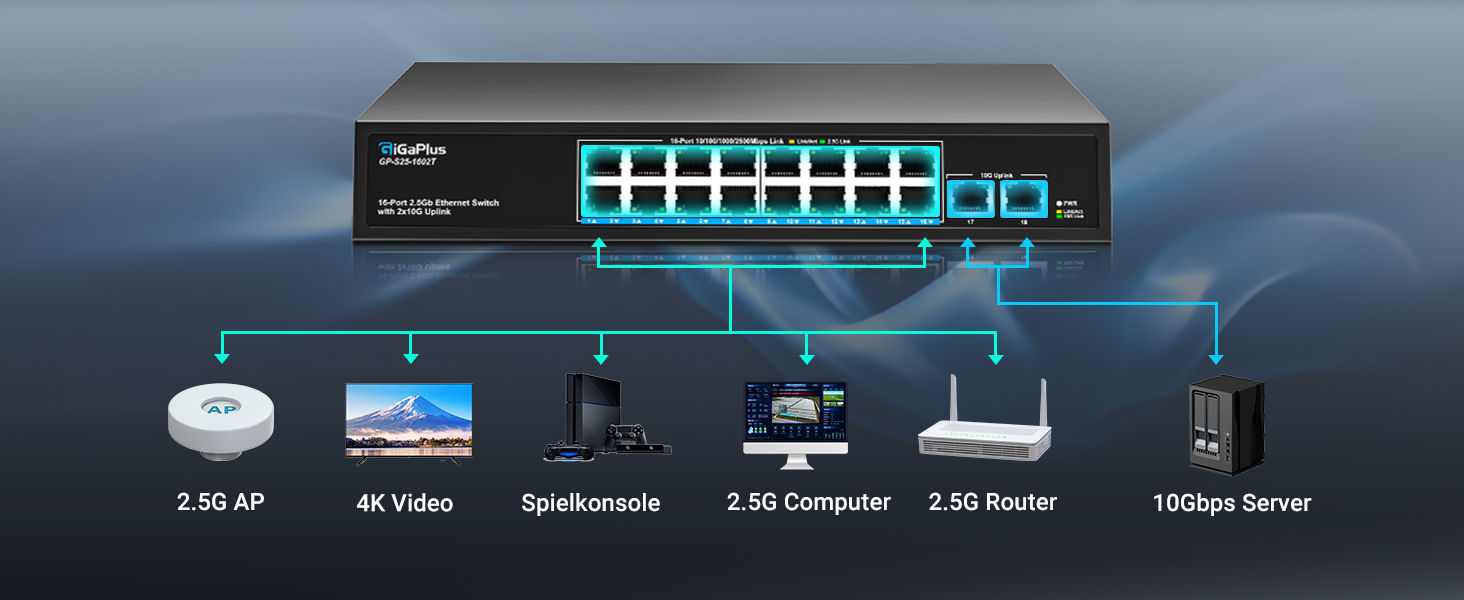 GiGaPlus S25-1602T Netzwerk-Switch im schwarzen Metallgehäuse mit sechzehn 2.5G-Ports und zwei 10G-RJ45-Uplinks. – Detail 2