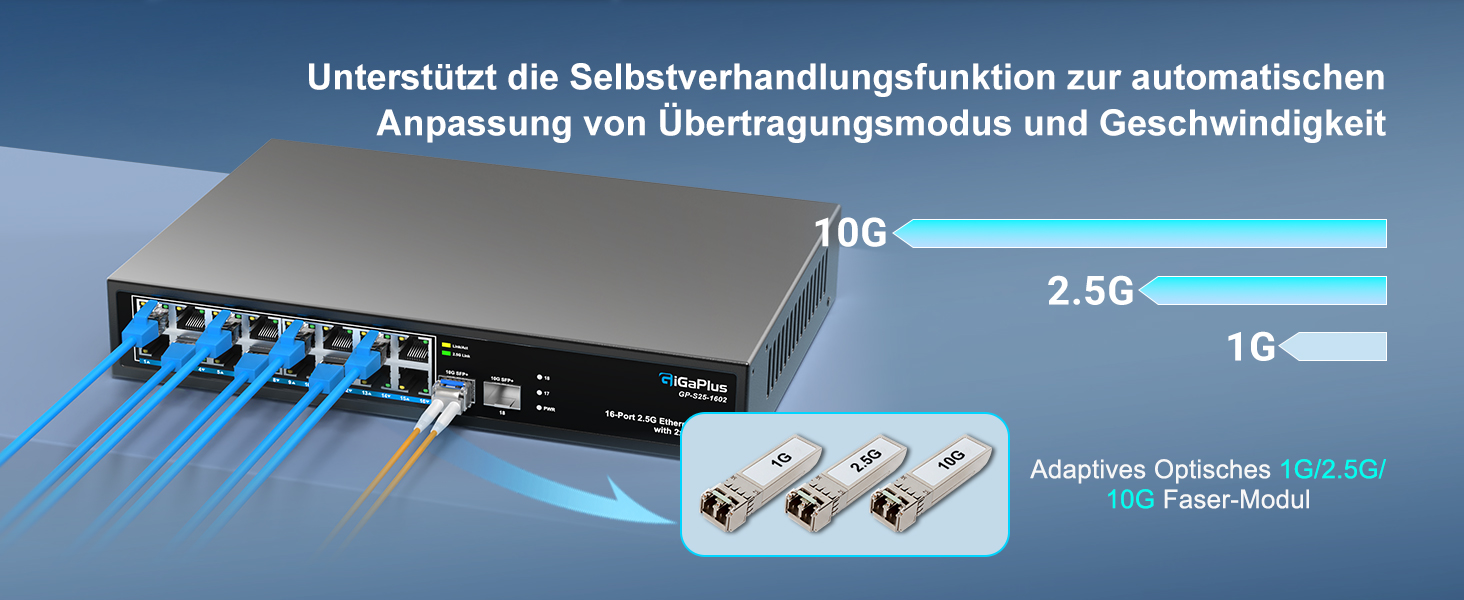 GiGaPlus S25-1602 Netzwerk-Switch im schwarzen Metallgehäuse mit sechzehn 2.5G-RJ45-Ports und zwei 10G-SFP+-Steckplätzen. – Detail 2