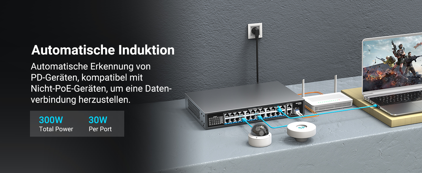 NICGIGA NIC-GS2421P PoE-Switch im schwarzen Metallgehäuse mit 24 PoE-Ports, zwei Uplink-Ports und SFP-Steckplatz. – Detail 2