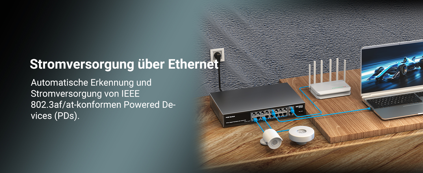 NICGIGA GS1620P PoE-Switch im 19-Zoll-Metallgehäuse mit 16 PoE-Ports und zwei Gigabit-Uplinks. – Detail 2