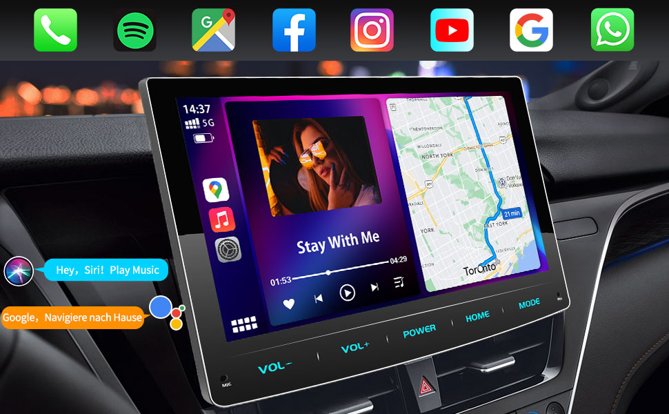 URVOLAX UR90A Autoradio mit 10,1-Zoll-Touchscreen, Rückfahrkamera, Antennen und Adapterkabeln. – Detail 2