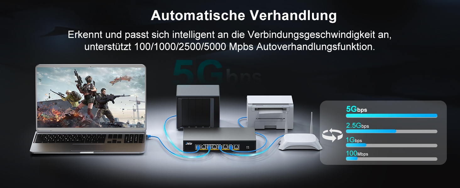 GiGaPlus S50-0800 Netzwerk-Switch mit acht RJ45-Anschlüssen für je 5 Gbit/s in schwarzem Gehäuse – Detail 2