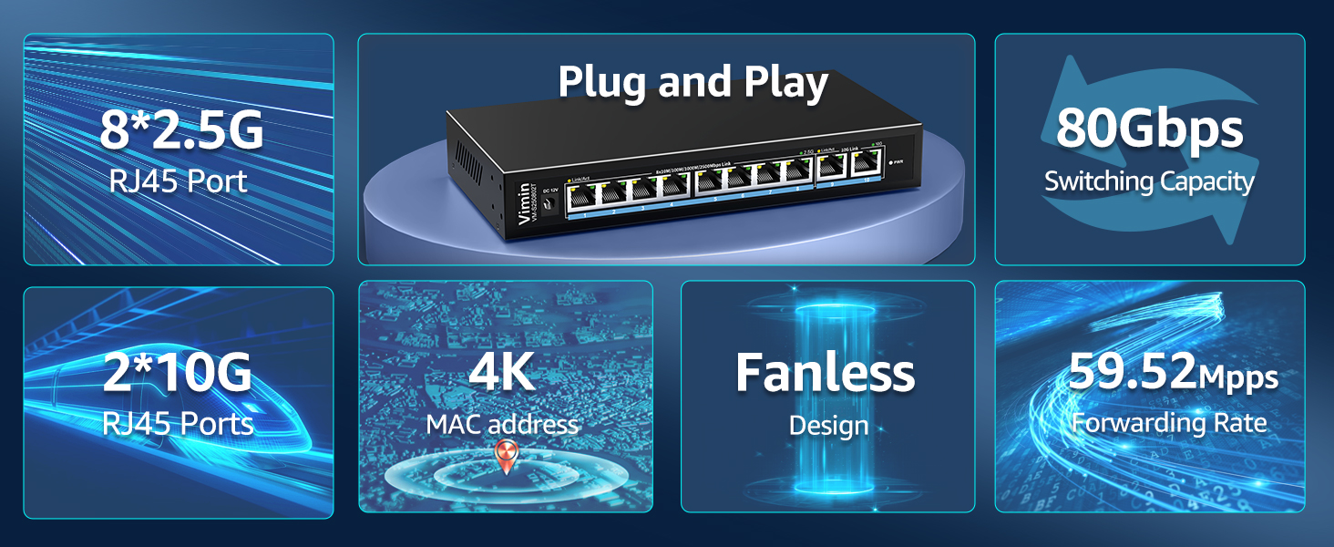 VIMIN VM-S250802T Netzwerk-Switch mit acht 2,5G-Anschlüssen und zwei 10GBASE-T-Anschlüssen in schwarzem Metallgehäuse – Detail 2