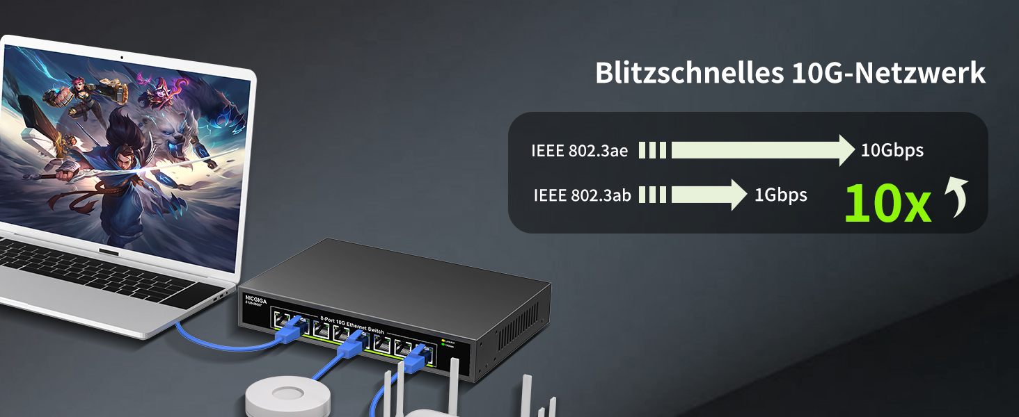 NICGIGA S100-0800T Netzwerk-Switch mit acht 10-Gbit/s-RJ45-Ports im schwarzen Metallgehäuse für die 19-Zoll-Montage – Detail 2