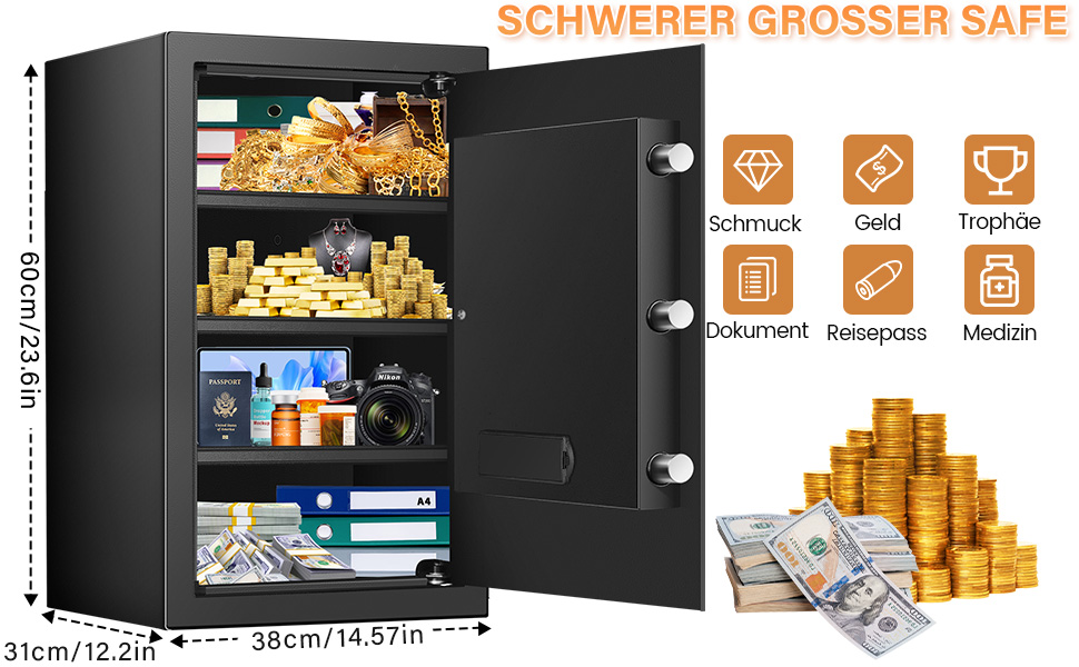 Schwarzer Tiskgg Standtresor mit 78 Liter, 60 cm hoch, elektronisches Zahlenschloss mit Tastatur und Drehknauf, Innenraum mit herausnehmbarem Regal – Detail 2