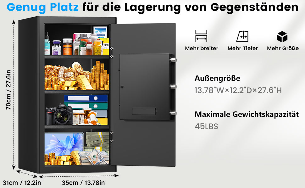 Schwarzer Tiskgg Standtresor mit 85 Liter, beleuchtete Tastatur des Zahlenschlosses und Drehknauf, geöffnete Tür mit herausnehmbarem Regal – Detail 2