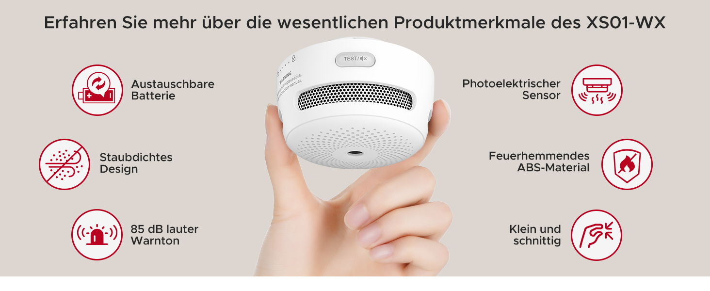 Sechs weisse X-Sense XS01-WX WLAN-Rauchmelder mit runder Testtaste in der Mitte – Detail 2