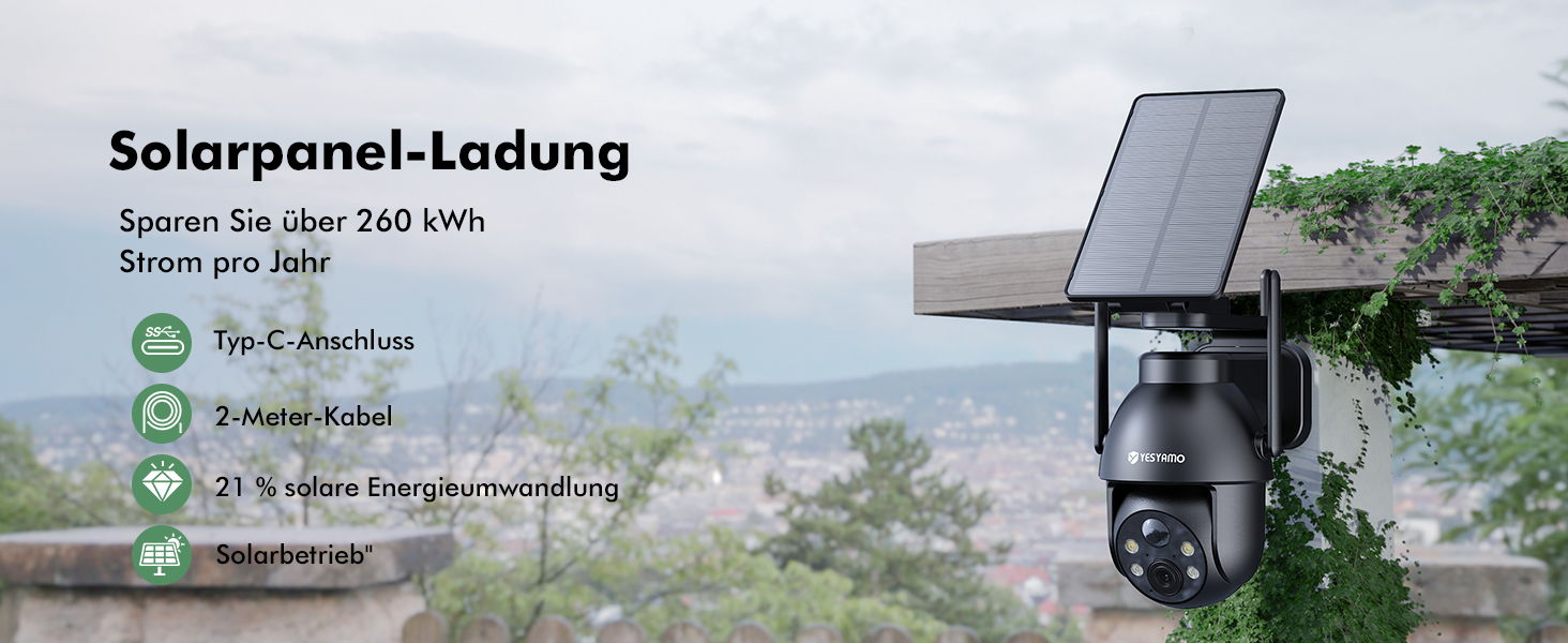 Zwei graue YESYAMO C8TB Solar-Überwachungskameras mit schwenkbarem Kopf und Solarpanel – Detail 2