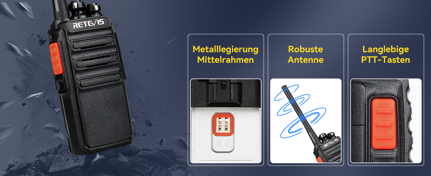 Retevis RT24 Funkgerätepaar in Schwarz mit Ohrhörern, Akkus und USB-Ladeschalen – Detail 2