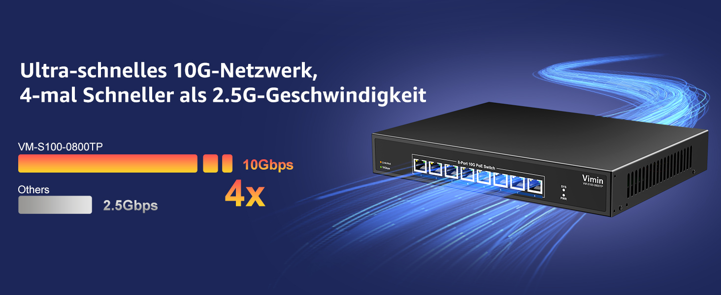 Schwarzer VIMIN 10-Gigabit-PoE-Switch mit acht RJ45-Ports im Metallgehäuse, Frontansicht. – Detail 3