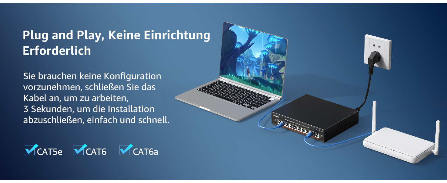 Schwarzer YuanLey 2,5-Gigabit-PoE-Switch mit acht PoE-Ports und zwei 10-Gigabit-Uplinks im lüfterlosen Metallgehäuse. – Detail 3
