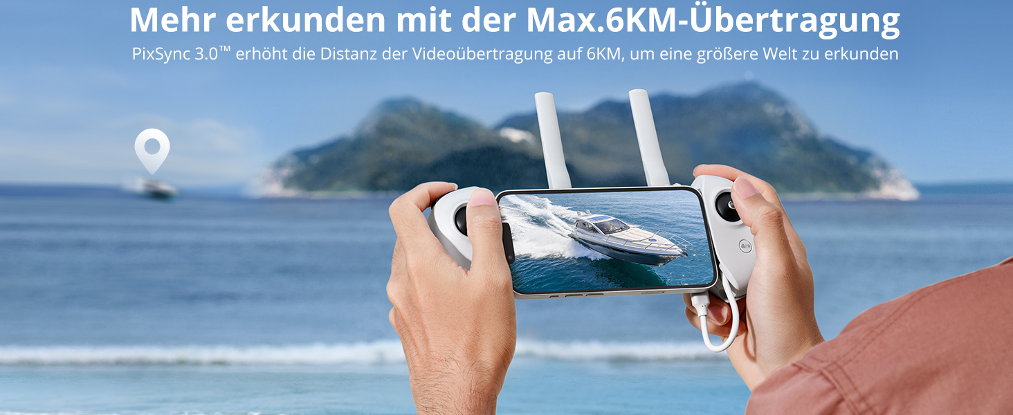 Potensic ATOM Kameradrohne in Hellgrau mit bürstenlosem 3-Achsen-Gimbal unter der Front. – Detail 3