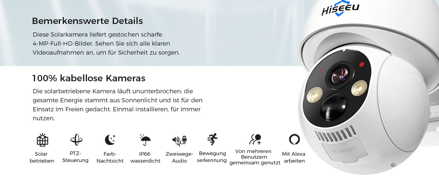 Hiseeu Solar-Kameraset: vier weisse Schwenkkameras mit aufgesetztem Solarpanel und der Funk-Rekorder mit Festplatte. – Detail 3