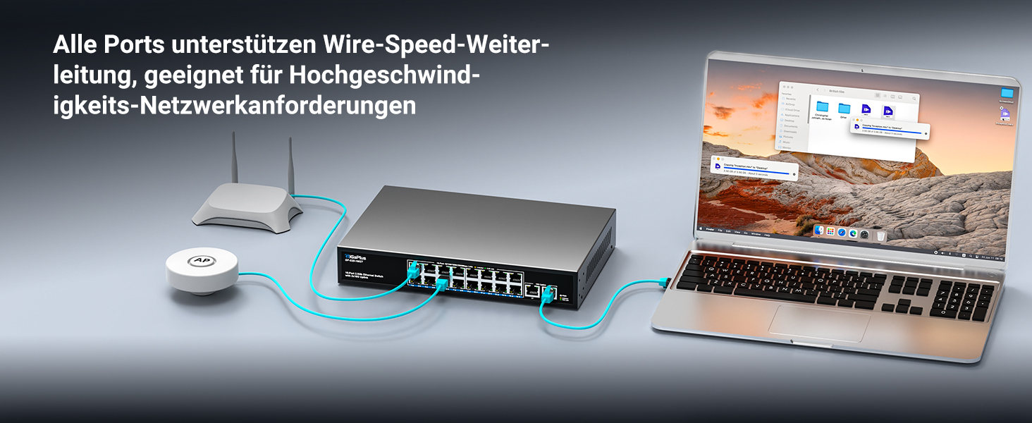 GiGaPlus S25-1602T Netzwerk-Switch im schwarzen Metallgehäuse mit sechzehn 2.5G-Ports und zwei 10G-RJ45-Uplinks. – Detail 3
