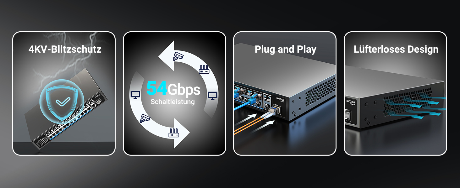 NICGIGA NIC-GS2421P PoE-Switch im schwarzen Metallgehäuse mit 24 PoE-Ports, zwei Uplink-Ports und SFP-Steckplatz. – Detail 3