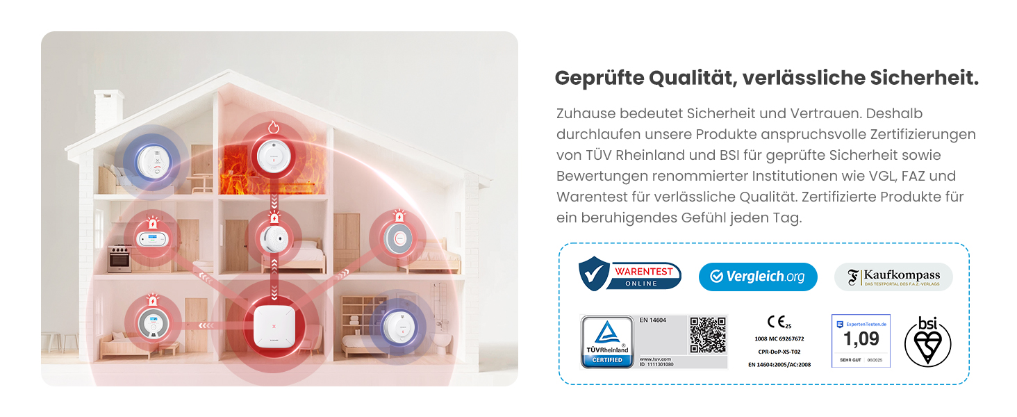 Zwölf weisse X-Sense Rauchmelder XS0B-MR121 mit der Basisstation SBS50 aus dem vernetzten Set. – Detail 3