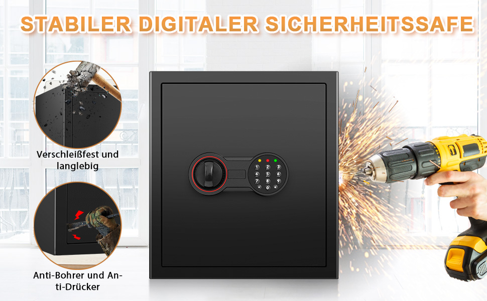Schwarzer Tiskgg Möbeltresor mit 50 Liter, elektronisches Zahlenschloss mit Tastatur und Drehknauf, daneben geöffnete Tür mit Einlegeboden – Detail 3