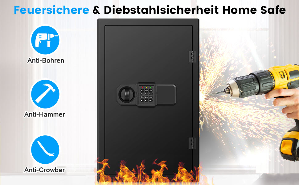 Schwarzer Tiskgg Standtresor mit 85 Liter, beleuchtete Tastatur des Zahlenschlosses und Drehknauf, geöffnete Tür mit herausnehmbarem Regal – Detail 3