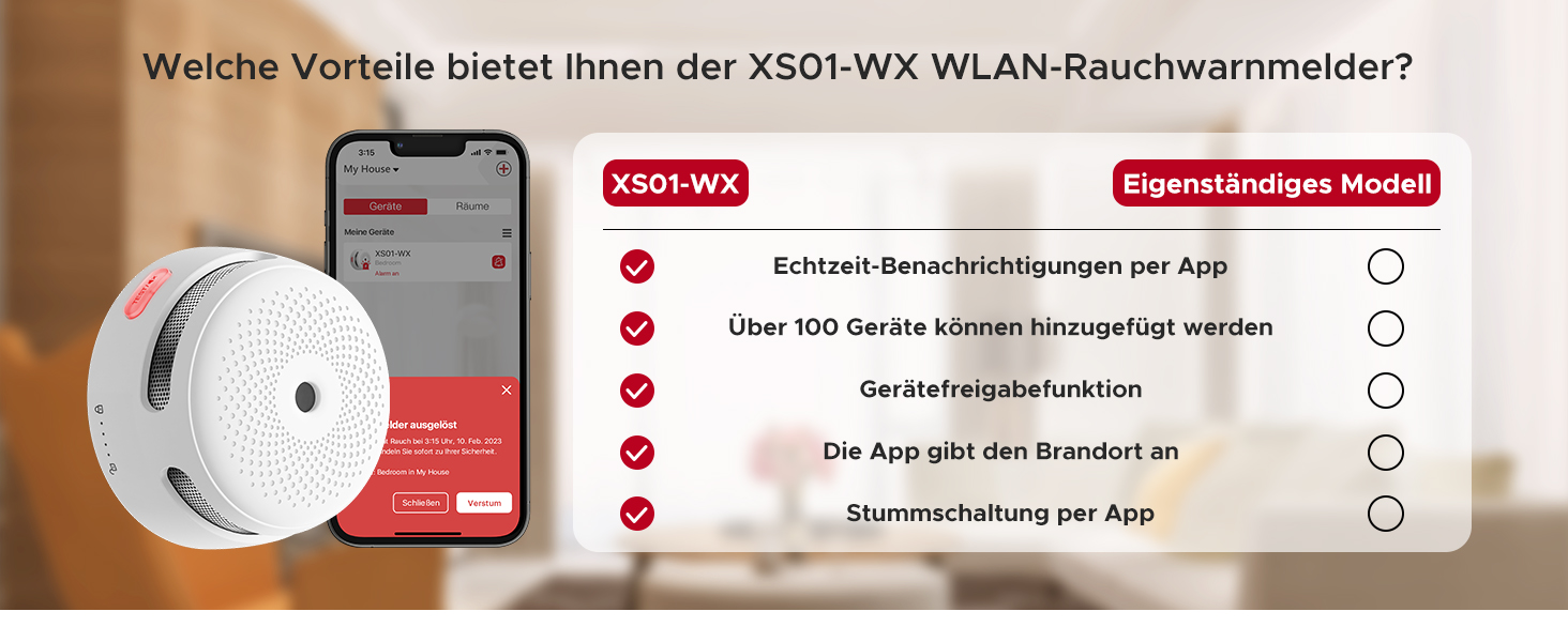 Sechs weisse X-Sense XS01-WX WLAN-Rauchmelder mit runder Testtaste in der Mitte – Detail 3