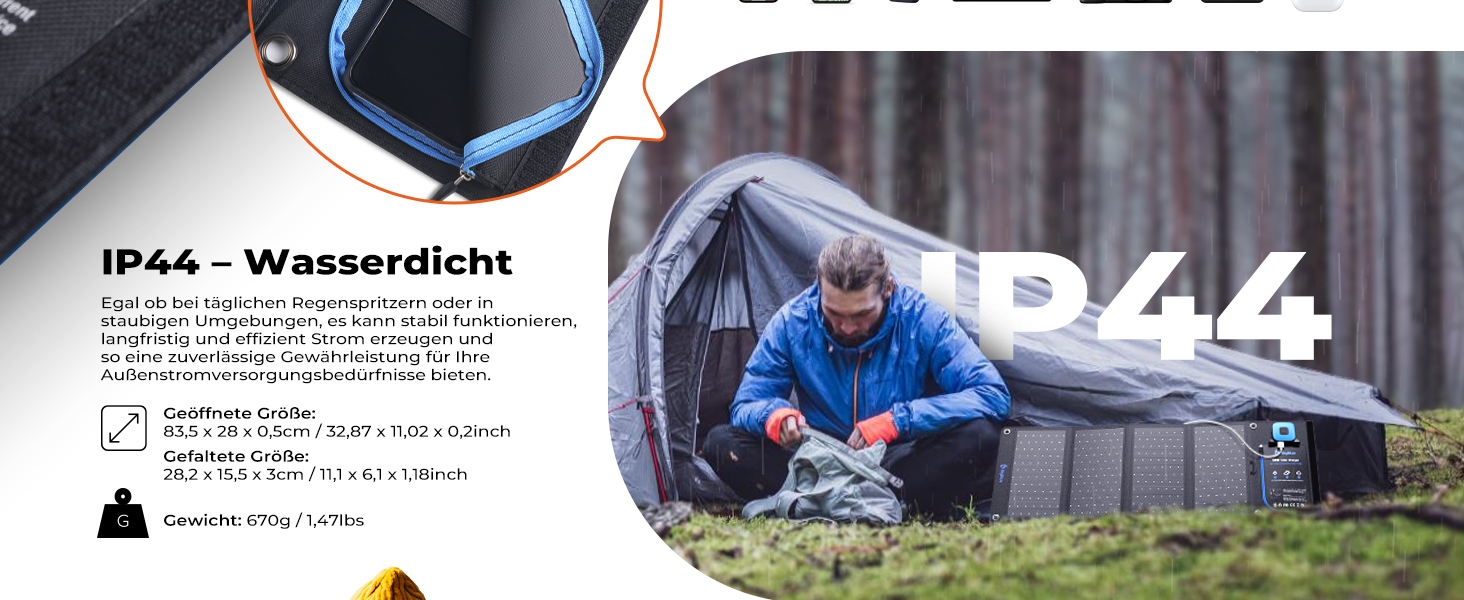 BigBlue B401D faltbares 28-Watt-Solarpanel aufgeklappt mit USB-Anschlüssen und Stromanzeige – Detail 3