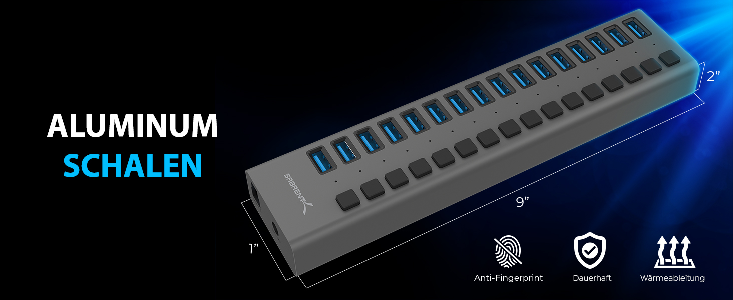 SABRENT HB-PU16 USB-Hub mit 16 Anschlüssen, Einzelschaltern und Aluminiumgehäuse – Detail 4