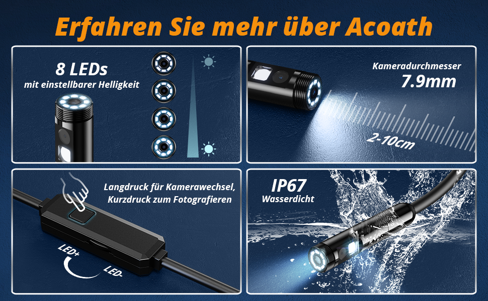 Acoath Endoskopkamera mit 7,9 mm Sonde, acht LEDs und 10 Meter halbstarrem Kabel – Detail 3