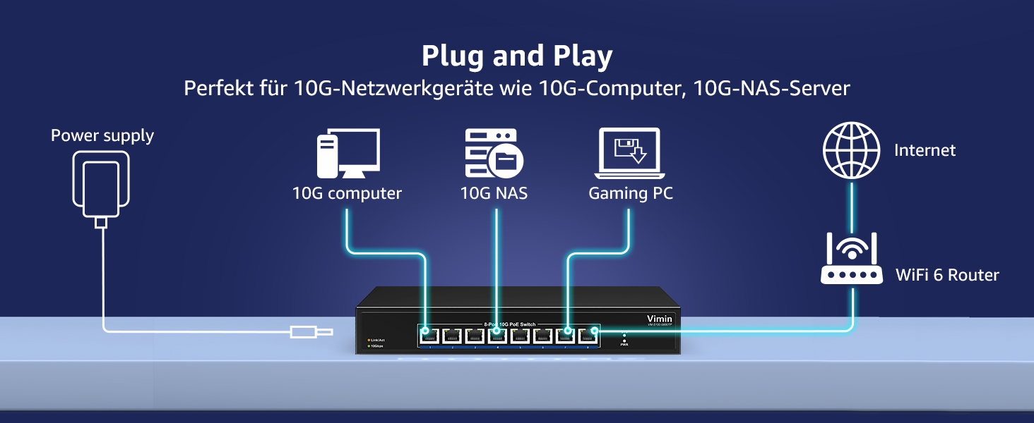 Schwarzer VIMIN 10-Gigabit-PoE-Switch mit acht RJ45-Ports im Metallgehäuse, Frontansicht. – Detail 4