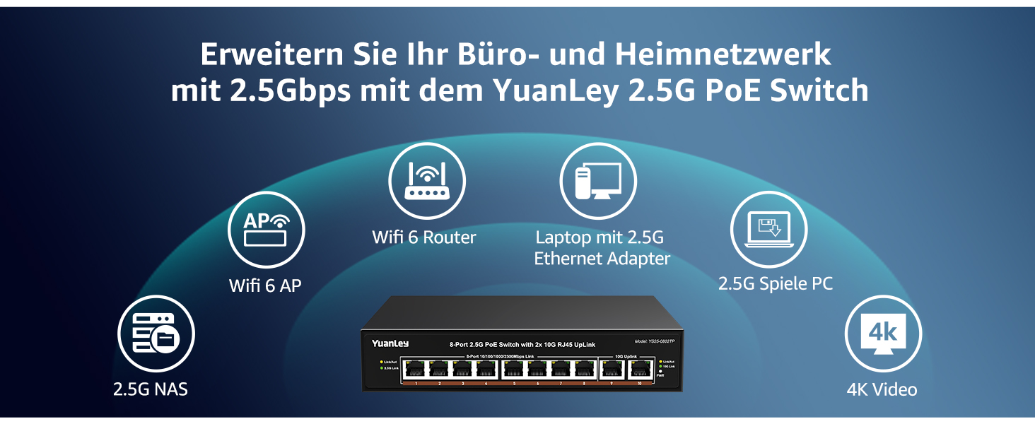 Schwarzer YuanLey 2,5-Gigabit-PoE-Switch mit acht PoE-Ports und zwei 10-Gigabit-Uplinks im lüfterlosen Metallgehäuse. – Detail 4
