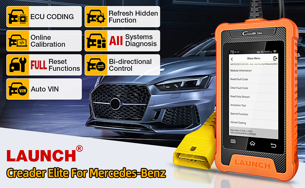 LAUNCH Creader Elite Diagnosegerät mit 4-Zoll-Touchscreen und angeschlossenem Diagnosekabel. – Detail 2